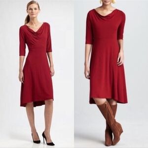 Eileen Fisher Hi-Lo Draped Cowl Neck Empire Waist A-Line Jersey Midi Dress Red